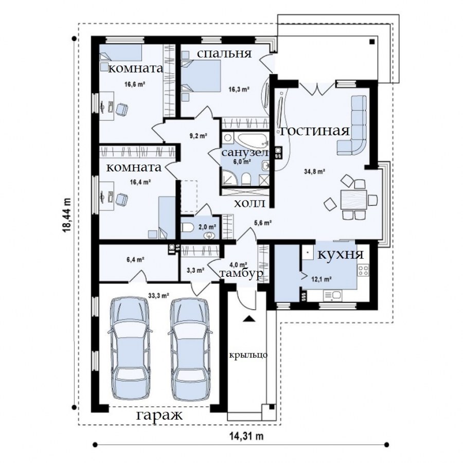 Одноэтажный дом с гаражом из газобетона 100м2