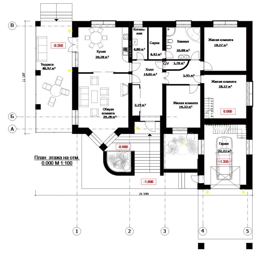 Проект одноэтажного дома с террасой и гаражом и 3 спальнями