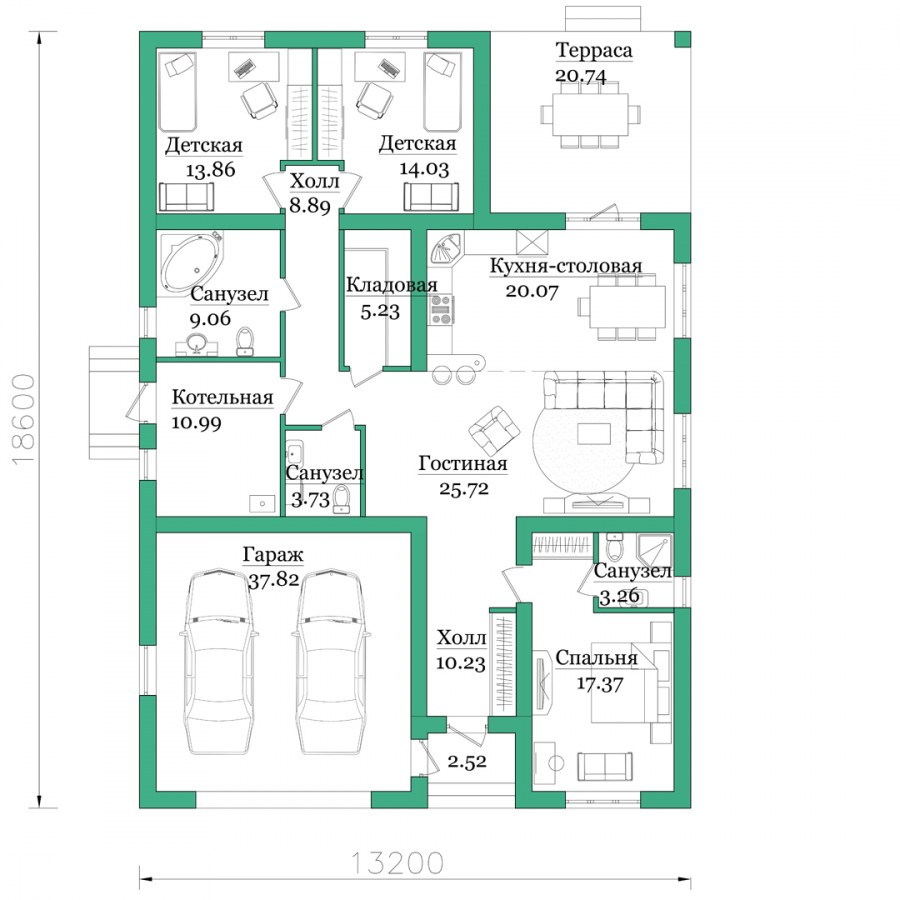 Проекты одноэтажных домов с гаражом и террасой