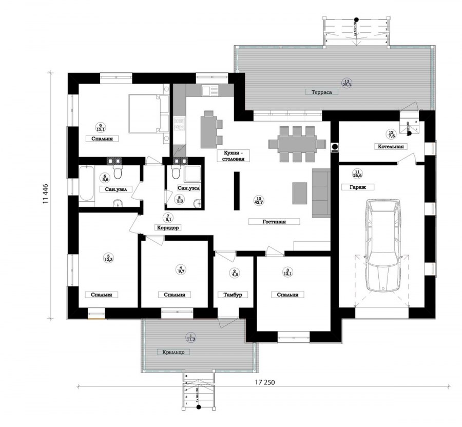 Проекты одноэтажных домов из газобетона с гаражом и террасой
