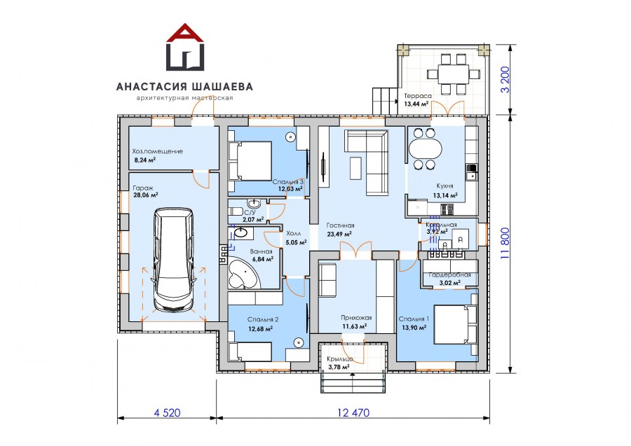 Планировка дома с гаражом и террасой