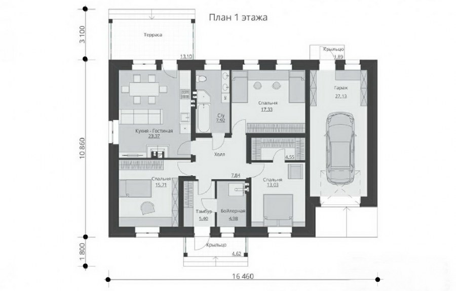 Проекты одноэтажных домов с 3 спальнями и гаражом