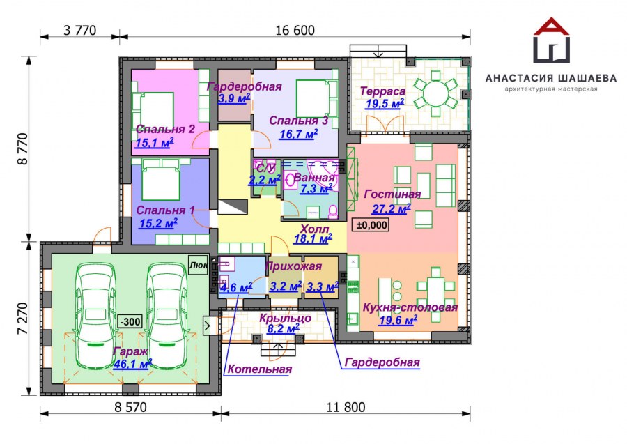 Планировка одноэтажного дома с гаражом на 2 машины