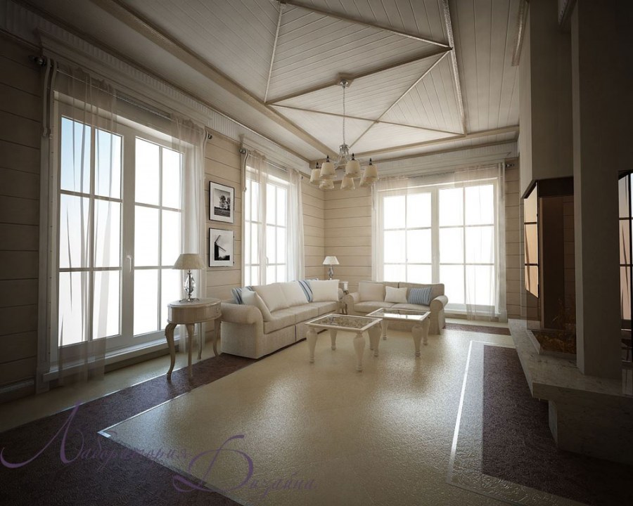 Уютная гостиная с низким потолком