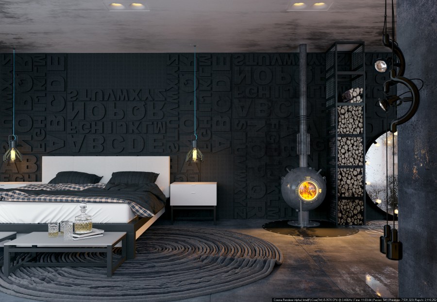 Спальня лофт в черном цвете