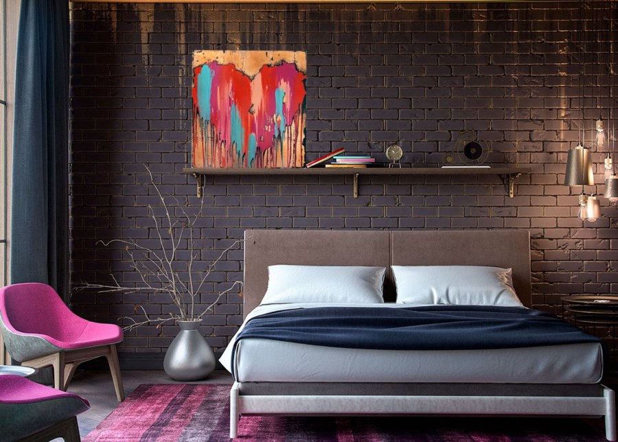 Кирпич в интерьере спальни