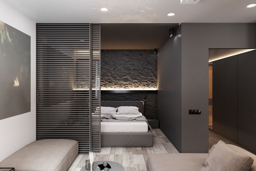 Спальня с перегородкой для кровати