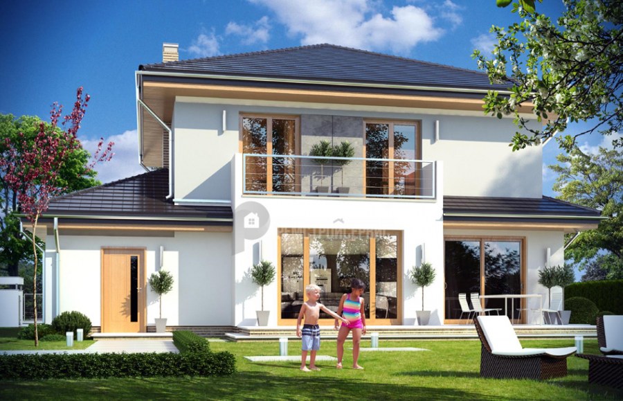 Двухэтажный дом с большими окнами и террасой