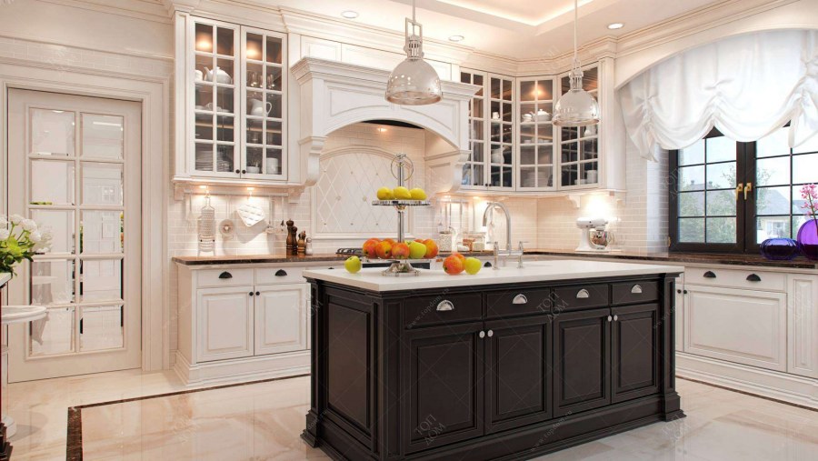 Белая классическая кухня с островом
