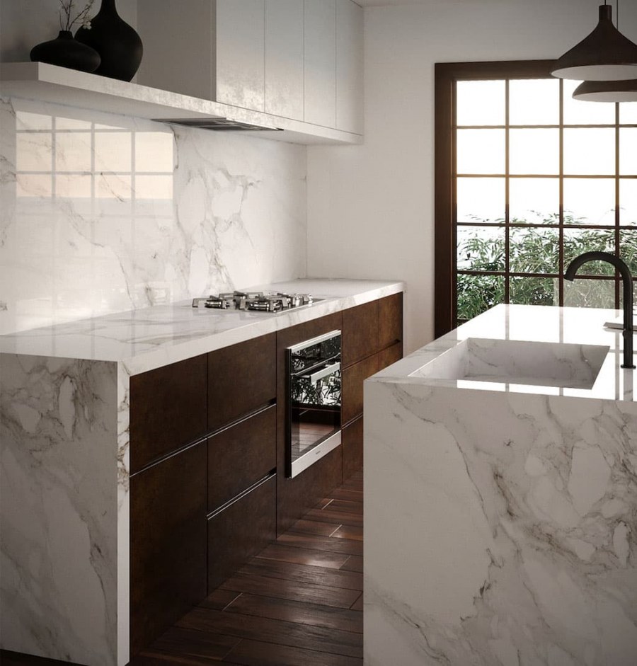 Мрамор в интерьере кухни