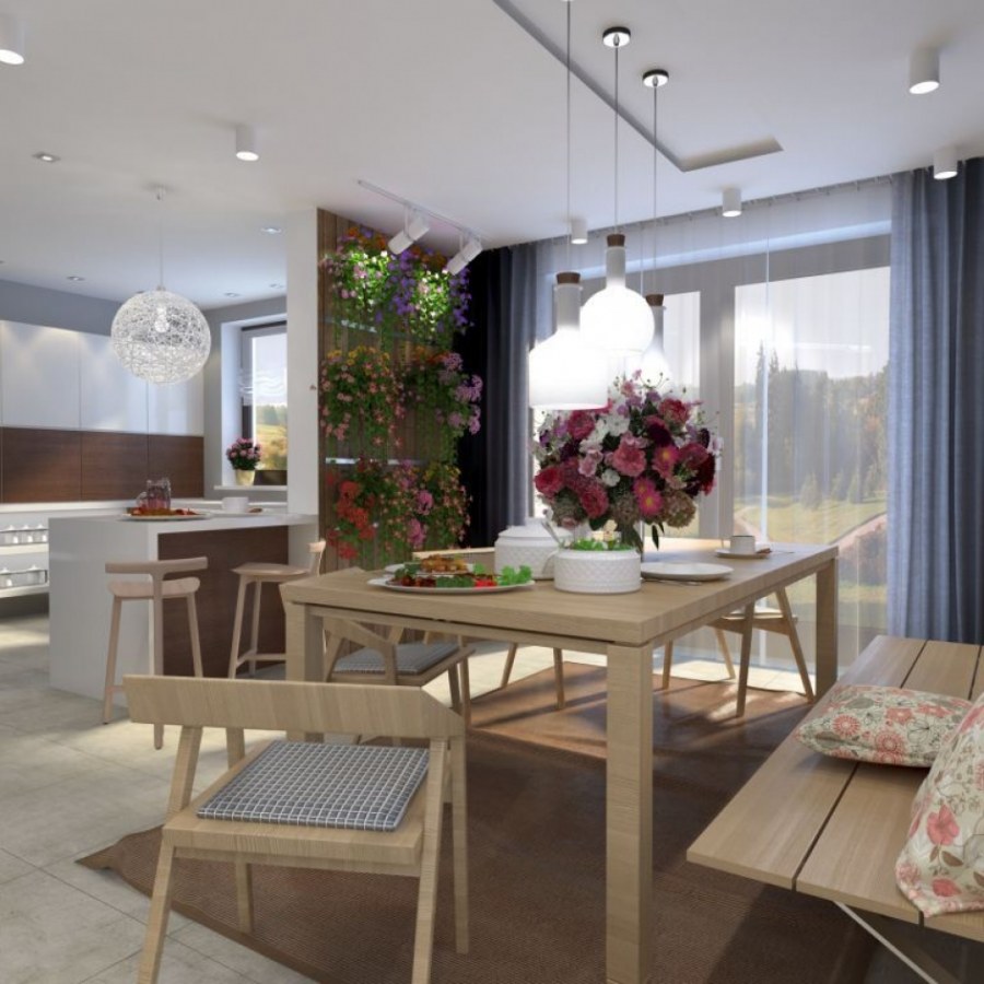 Интерьер кухни совмещенной со столовой