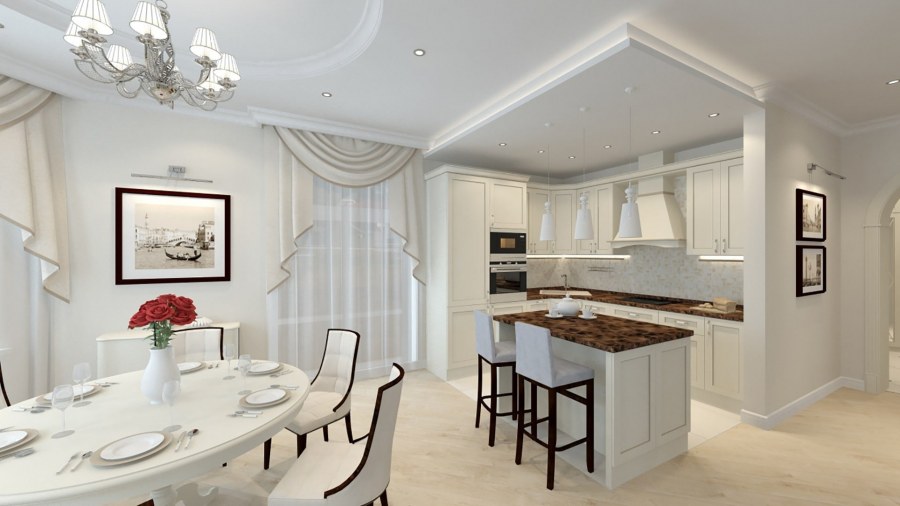 Объединенная кухня гостиная Неоклассика