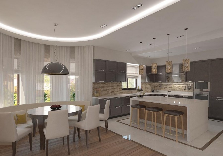 Кухня гостиная столовая с эркером 30 кв м