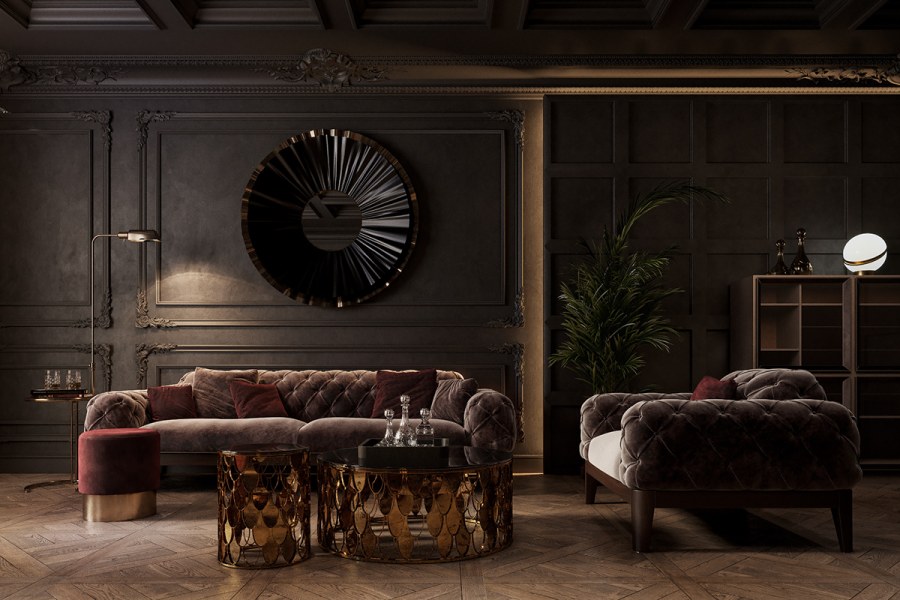 Классический интерьер гостиной в темных тонах