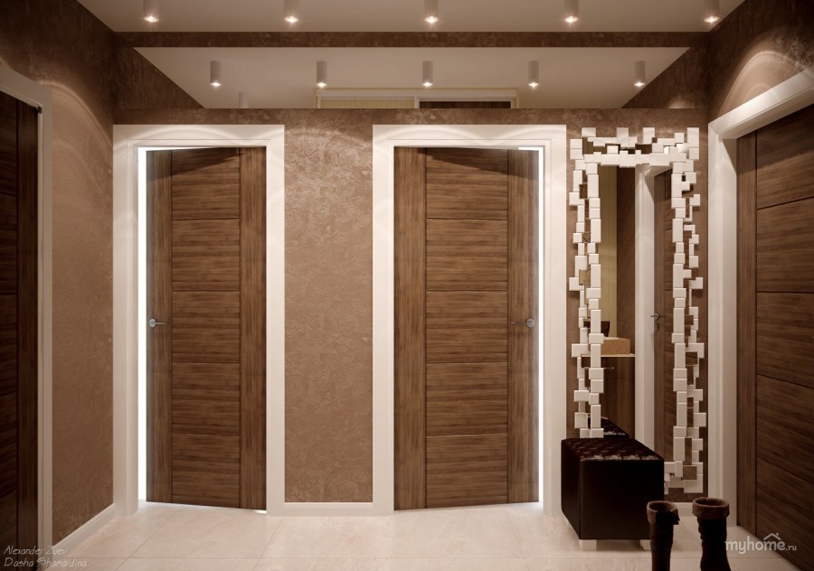 Квадратная прихожая с 4 дверьми