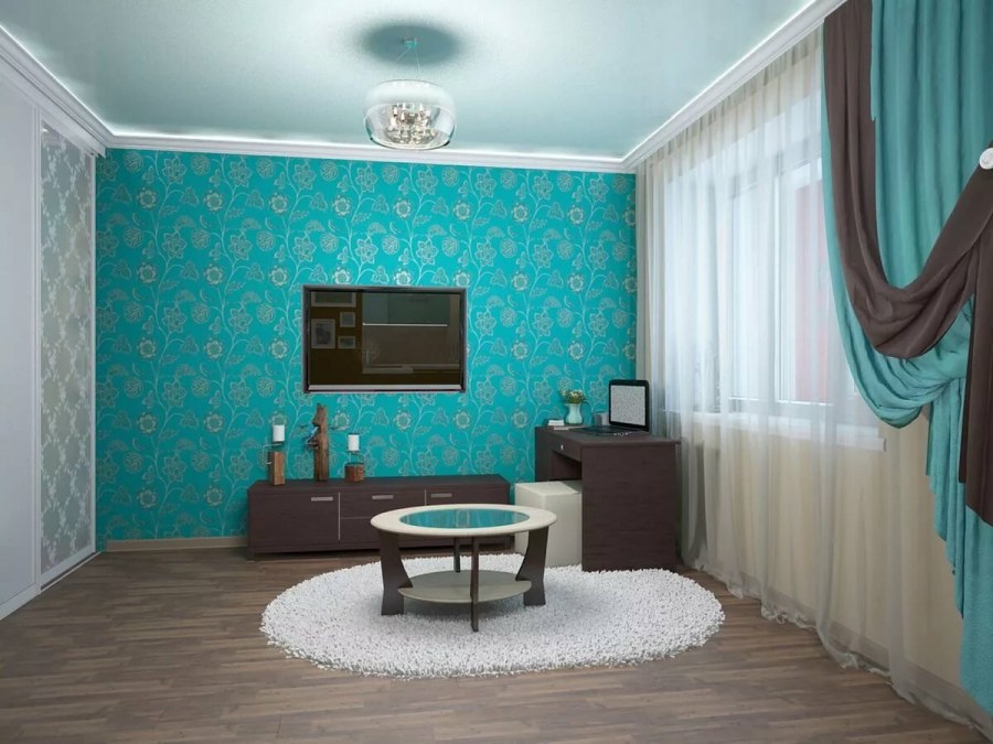 Комната с бирюзовыми обоями