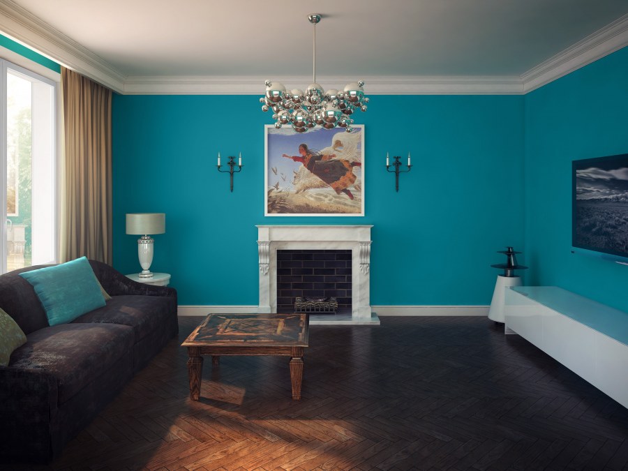 Гостиная с синей стеной