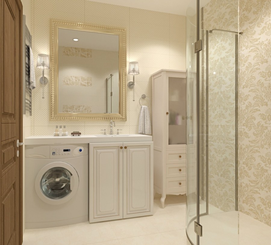 Ванная с душевой кабиной и стиралкой