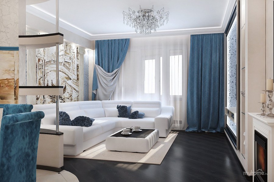 Гостиная в серо голубых тонах в современном стиле