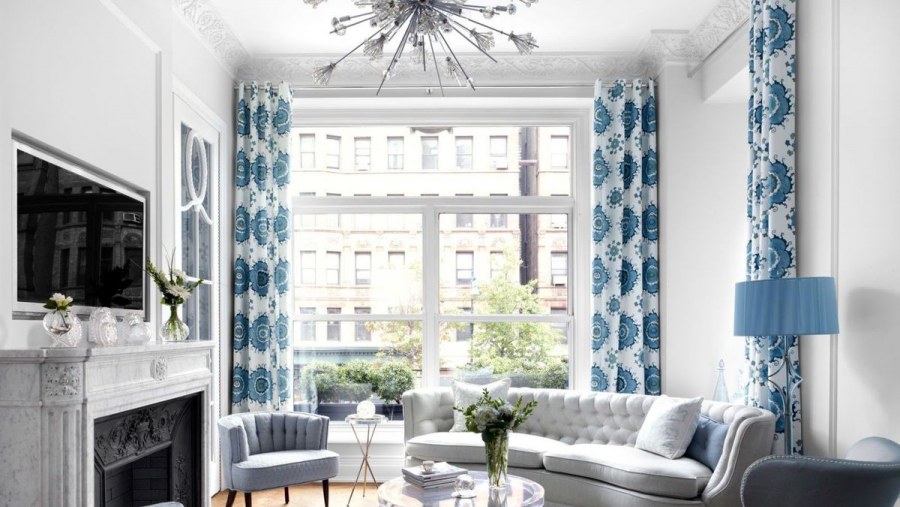 Шторы в гостиную голубой с серым
