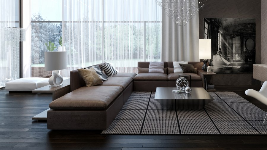 Гостиная с темным полом и диваном