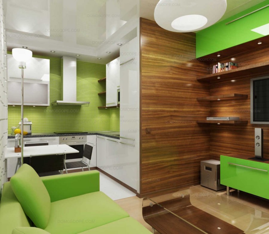 Зеленая кухня гостиная