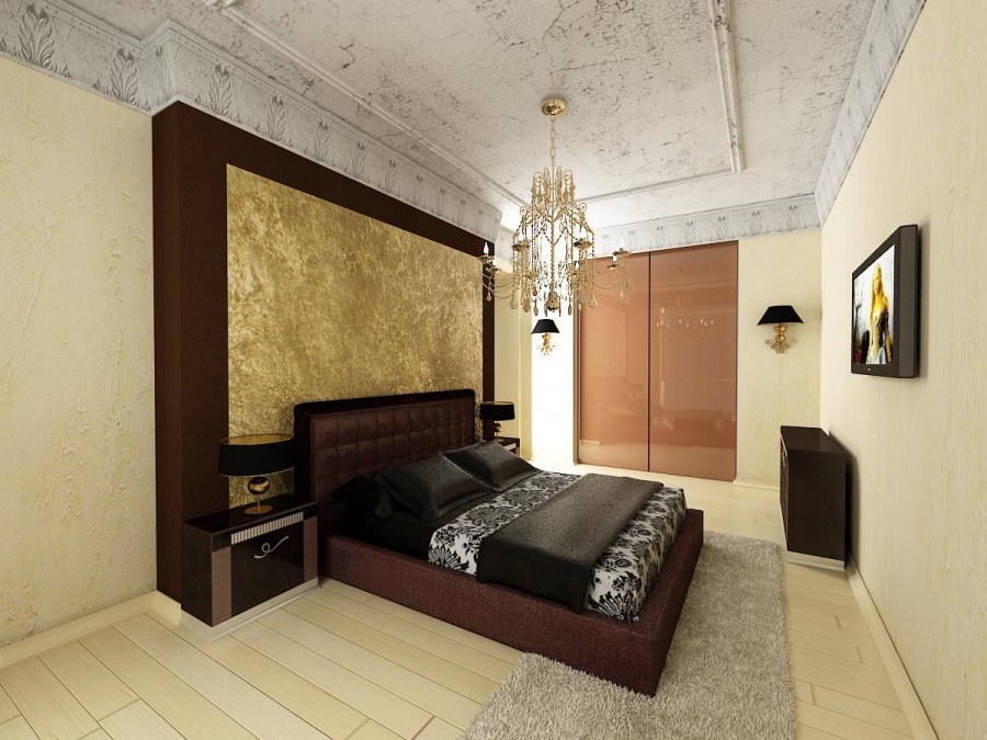 Золотая спальня с темной мебелью