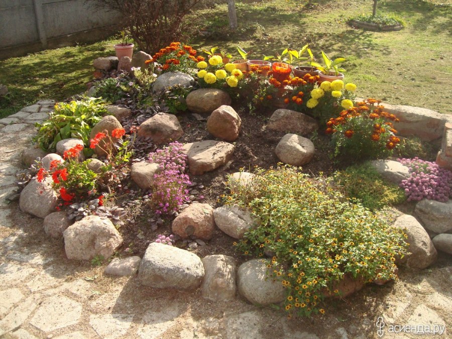 Клумба Альпийская горка с бархатцами