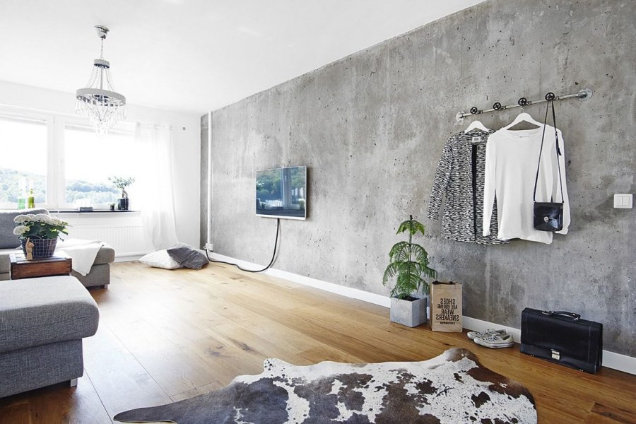 Микроцемент в интерьере гостиной