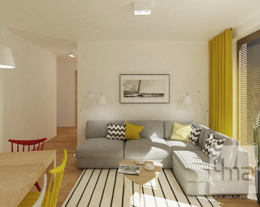 Гостиная в скандинавском стиле с желтой шторкой