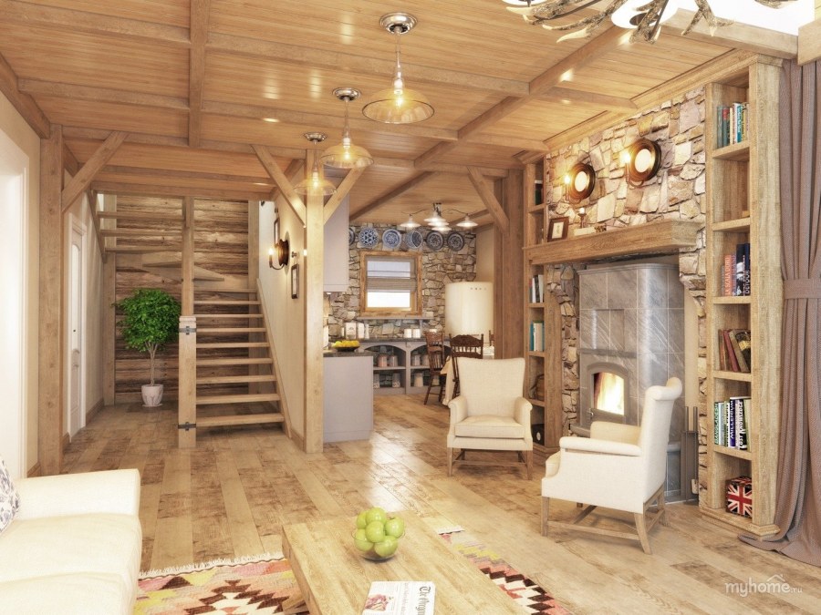 Гостиная с панорамными окнами в частном доме