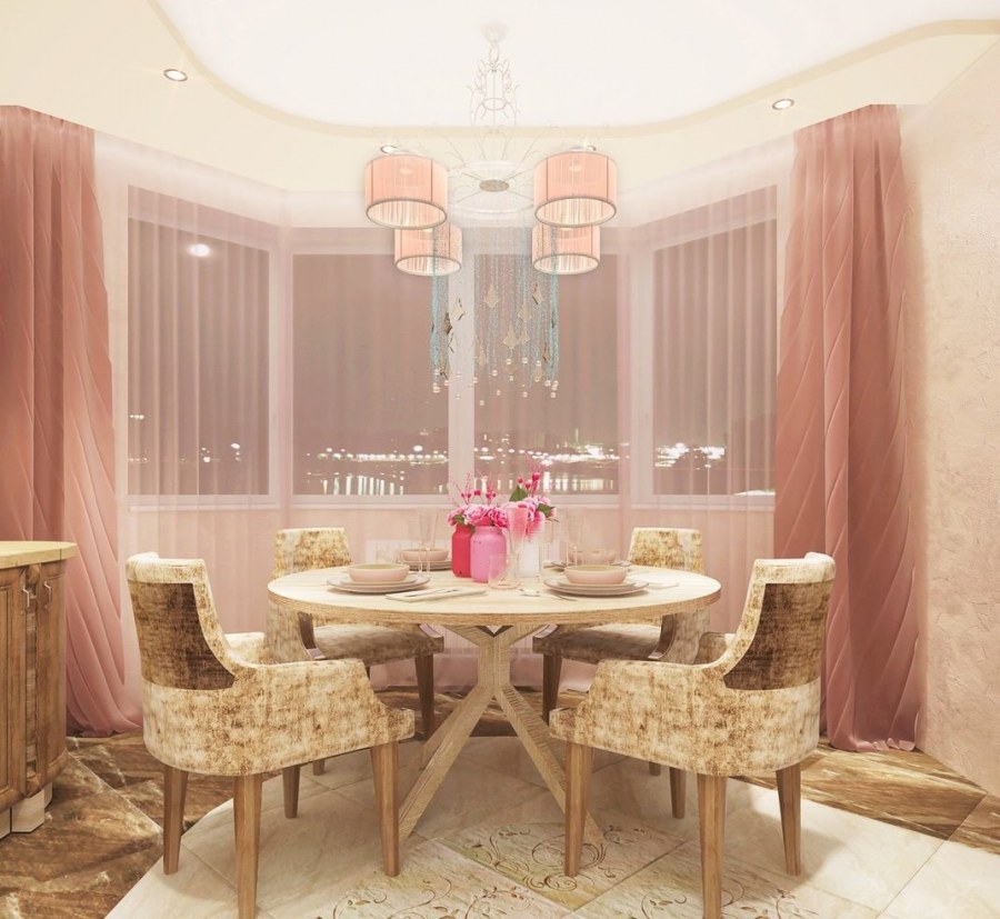 Розовые шторы в интерьере кухни