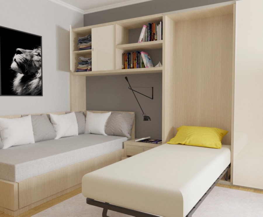 Шкаф-кровать трансформер с диваном для двоих детей