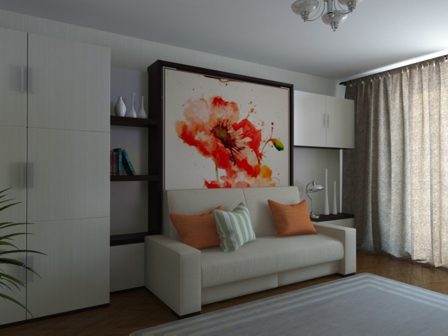 Интерьер зала со шкафом и диваном