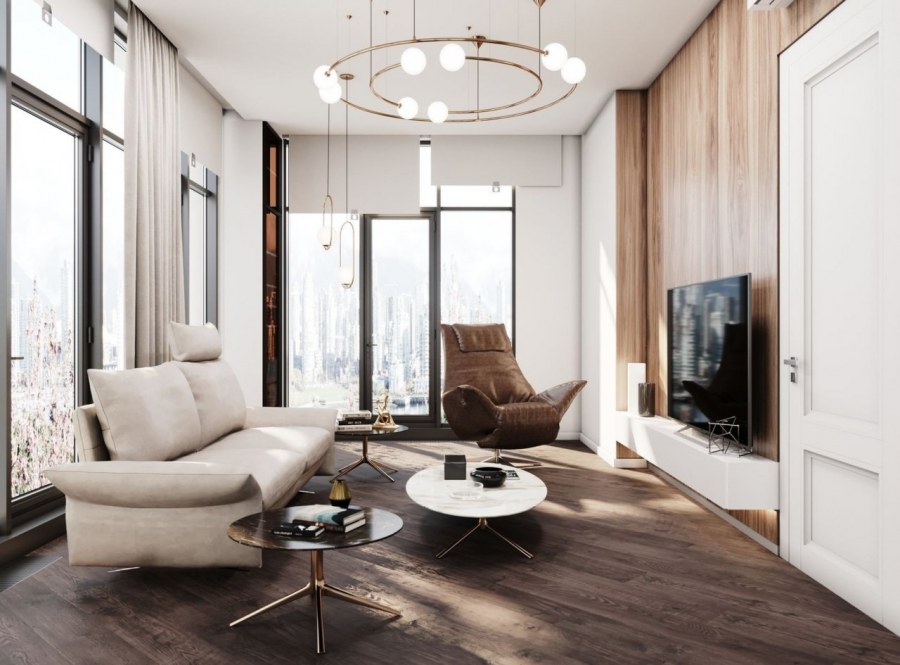 Гостиная с панорамными окнами в квартире