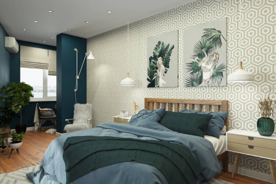 Кровать с деревянным изголовьем