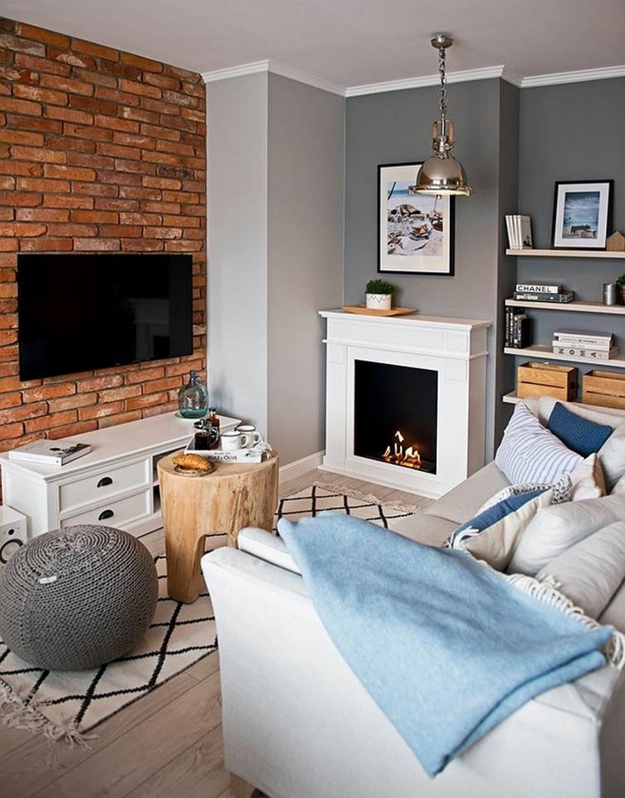 Кухня в скандинавском стиле с кирпичной стеной