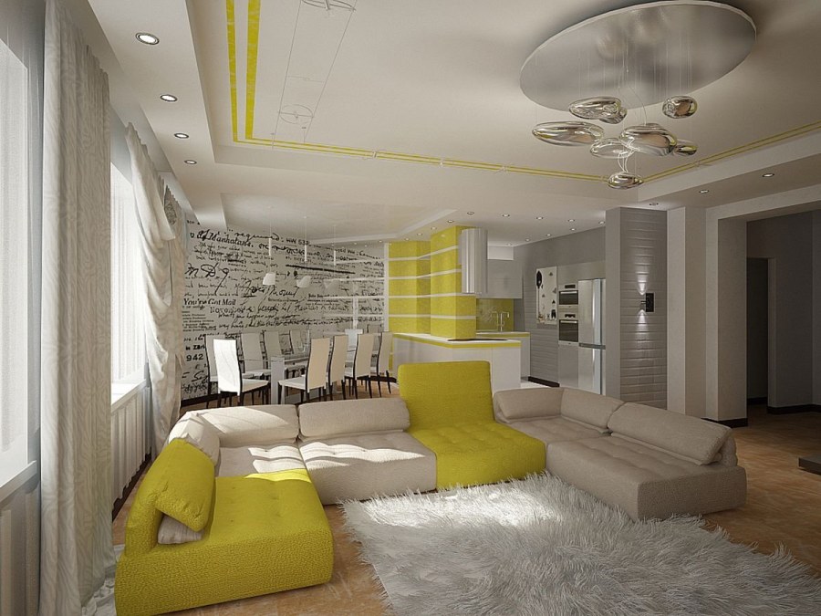 Гостиная в бело-желтых тонах