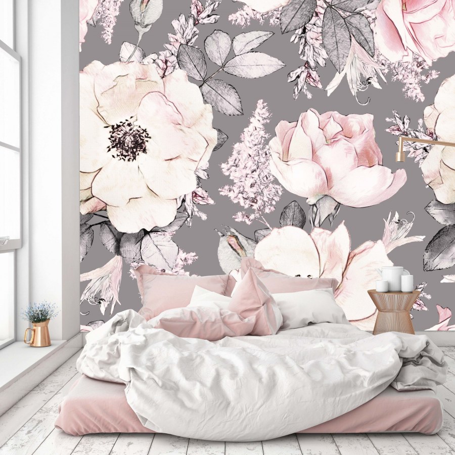 Обои серые с розовым