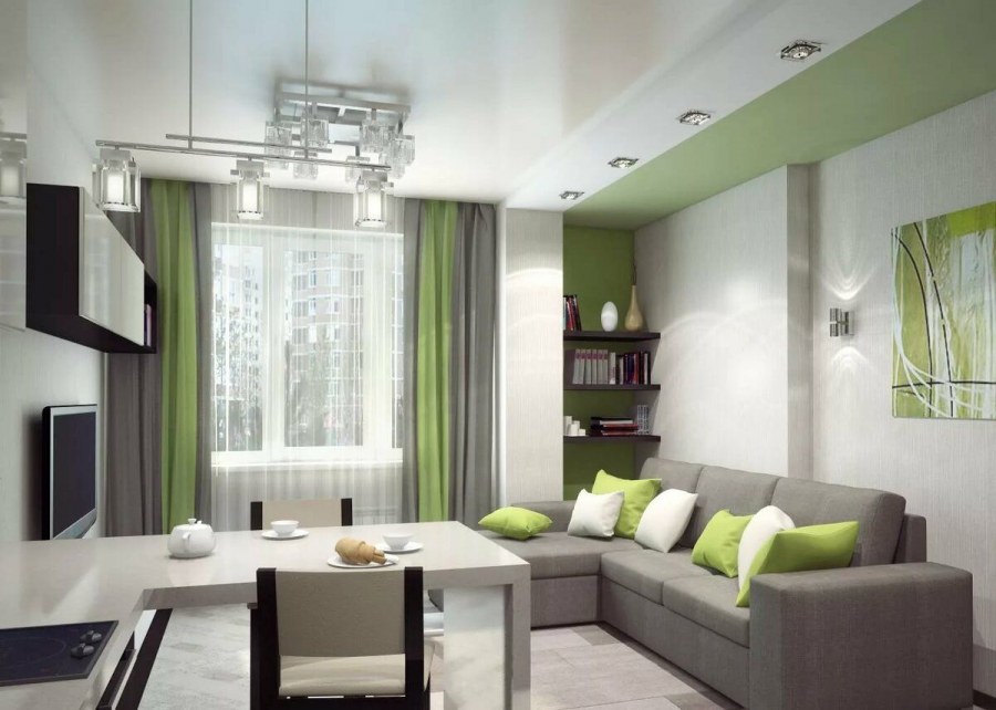 Кухня гостиная в серо зеленых тонах