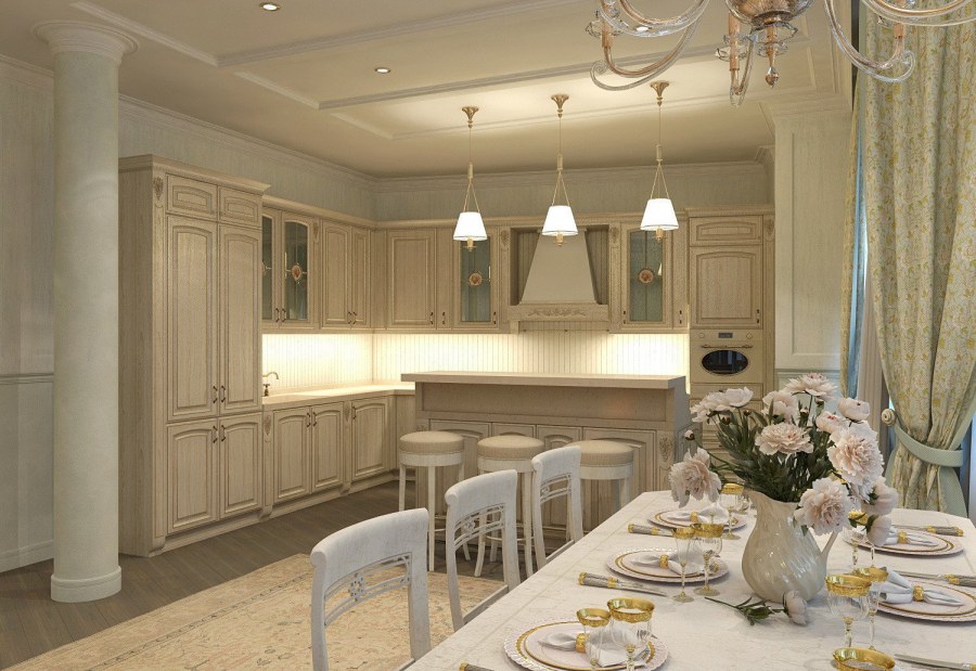 Большая гостиная столовая в стиле Прованс