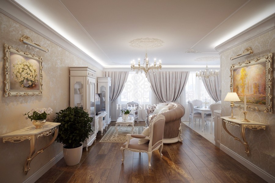 Интерьер дома в классическом стиле в светлых тонах