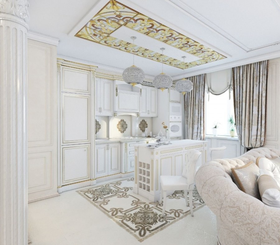 Кухня гостиная в классическом стиле в светлых тонах