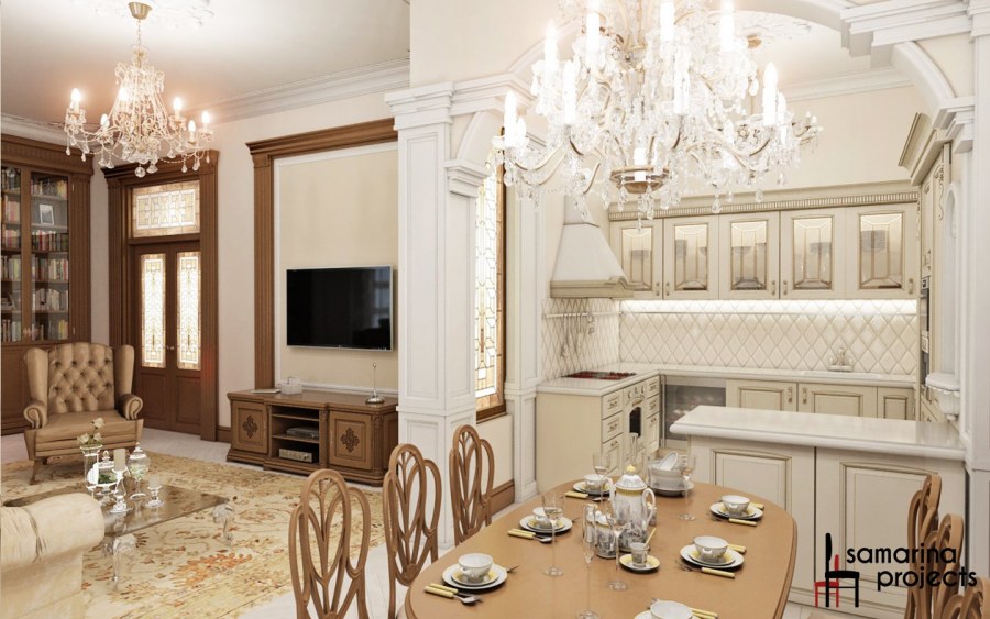 Интерьер гостиной с кухней в классическом стиле