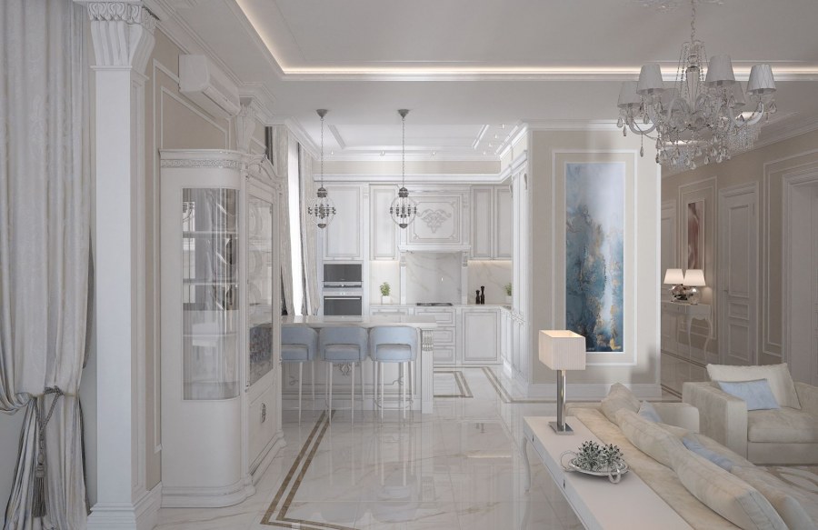 Кухня гостиная современная классика светлая