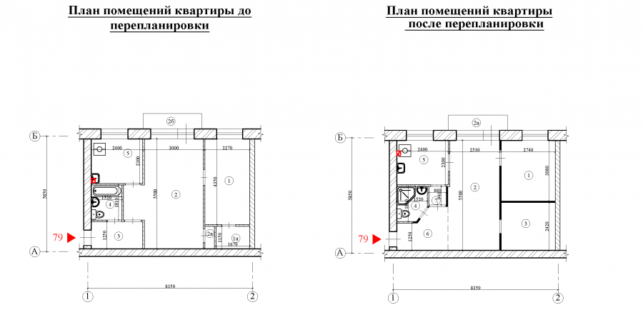 План БТИ хрущевки 2 комнаты с размерами