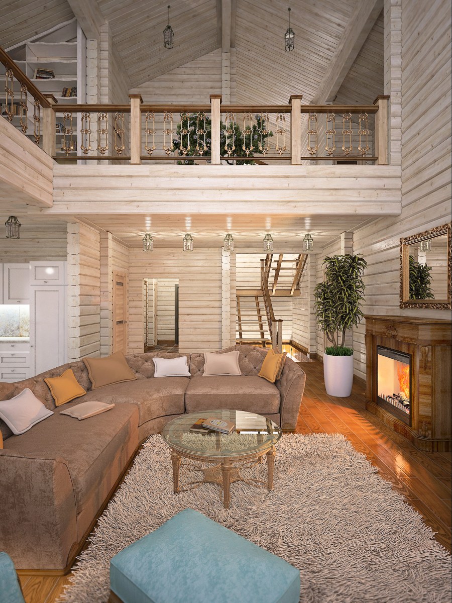 Интерьер дома с деревянной отделкой