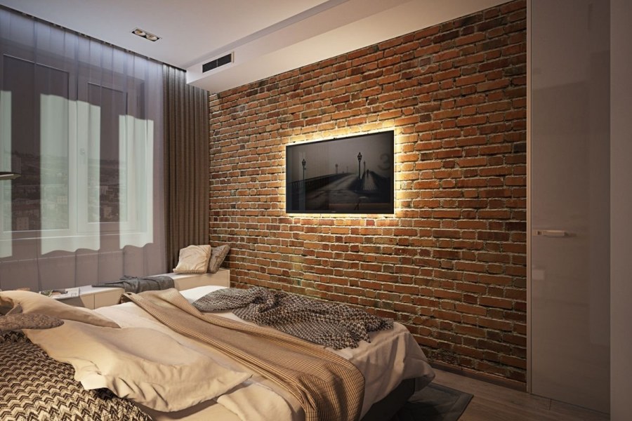 Кирпичная стена в спальне