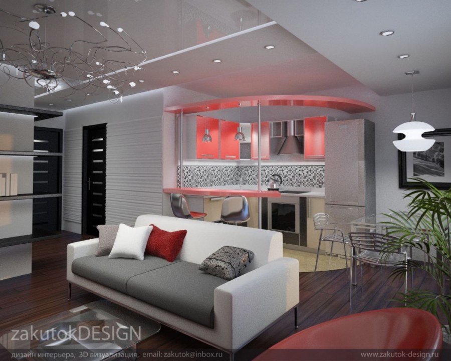 Зонирование потолка в кухне-гостиной