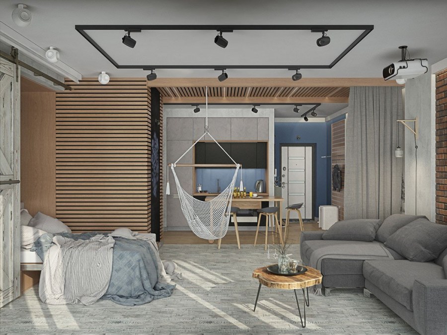 Зонирование спальни в стиле лофт